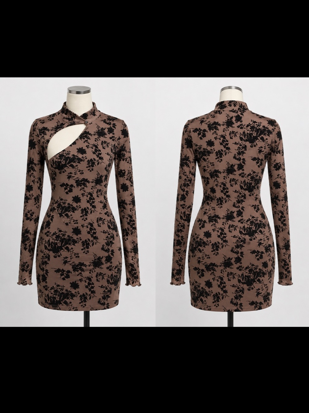 Fashion Nova Brown Floral Cutout Bodycon Dress with Black Print